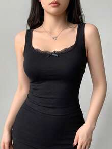 DAZY Women's Square Neck Short Sleeve Fitted T-Shirt Summer - Black - View 5