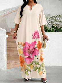 SHEIN Lady Plus Size Floral Print Cutout Round Neck Loose Fit Dress Vacation Summer Vacation Pink Floral Floral Gym Boho Vacation - Multicolor - View 5