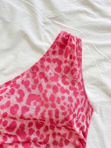 Soleia Top sexy casual de un hombro con fruncido y estampado de leopardo - Rosa - Ver 5