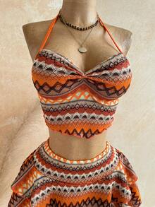 Soleia Orange Halter Top & Printed Mini Skirt Women's 2 Pieces Set Vacation - Multicolor - View 4