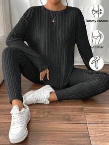 SHEIN Frenchy Setelan Santai Dua Potong Bahan Tekstur Dua Potong, Kaos Rajut Bergaris Bahu Jatuh, Warna Abu-abu Gelap, Gaya Musim Gugur Kasual - Dark Grey - View 5