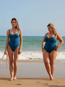 Swim Chiccia Women's Plain Textured And Slim-Fit One-Piece Swimsuit For Swimming, Vacation, Summer Beach - Green - View 11