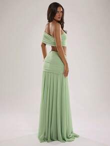 SHEIN BAE Spring/Summer Women's Casual Vacation Green Bandeau Ruched Top With Waist Ruched Long Skirt Elegant Solid Color Green 2-Piece Set, Suitable For Beach Vacation, Beach Holiday, Sisters Casual Vacation Green Set, Elegant Long Set - Green - View 3