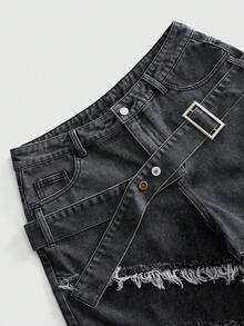 ROMWE MEN Men's Belt Washed Distressed Loose Denim Shorts - Black - View 2