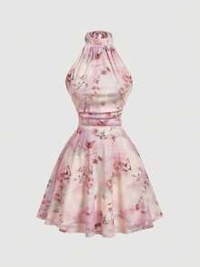 SHEIN MOD 女款度假蝴蝶印花百褶時尚掛脖迷你洋裝 - 彩色 - 查看 4