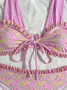 Swim Mod Girls Sweet 2pcs Floral Random Print Wide Strap Tie Front Triangle Bikini Swimsuit Set - Multicolor - View 6