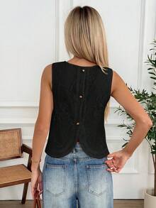 Easowa Chemise femme à col rond sans manches avec broderie abricot, design avec boutons dans le dos, convient pour le décontracté, les festivals de musique, le port quotidien, le printemps/été - Noir - Voir 3