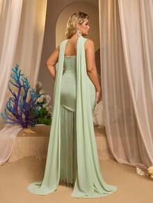 Glamrae Plus Size Elegant Formal Sage Green Scarf Drape Wave Chest Elastic Knit Patchwork Sequin 3D Flower Decor Long Dress Wedding Guest Dinner Evening - Green - View 5