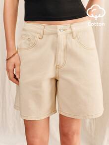 lacRébo High Waisted Denim Shorts With Wide Leg French Chic Spring Summer Style Cotton Daily Casual Going Out Holiday Beige - Khaki - View 3