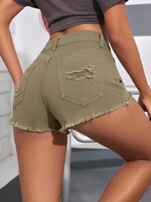 SHEIN PETITE 女款口袋磨損毛邊休閒牛仔短褲，適合嬌小女性 - 軍綠色 - 查看 2