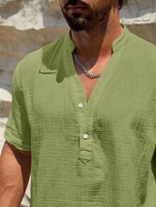 HIMLAND Loose Men Solid Half Button Shirt - Green - View 5