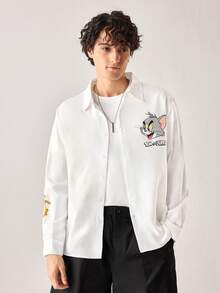 Strevion TOM & JERRY 男士宽松休闲长袖衬衫，饰有简约的汤姆和杰瑞图案印花，适合秋夏季穿着 - 白色 - 查看 1