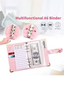 1 PC 8 Zipper Cash Envelopes 12 Expense Tracker Sheets 2 Alphabet Stickers Marble Pattern Faux Leather Budget Binder Planner For Back To School Money Saving Budgeting Cash Stuffing Wallet Organizer Trending Now - Pink - View 5