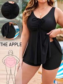 Swim Lushoire Plus Size Women 2pcs Random Print Tank Top & Bottom Set, Drawstring Front, Tummy Control, Slimming, Minimalist Vacation Beach Swimsuit - Black - View 1