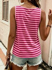 EMERY ROSE Plus Size Women's Comfortable Color Block Striped Pattern Round Neck Button Up Top, Round Neck Comfortable Camisole Tank Top, Suitable For Daily Casual Wear - Multicolor - View 2