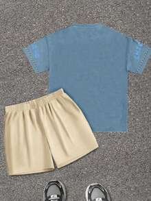 SHEIN Conjunto de camiseta de cuello redondo con strass simple y pantalones cortos casuales a rayas para bebé niño, adecuado para el verano - Multicolor - Ver 3