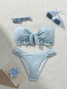 Swim Vcay Spring/Summer Solid Color Shoulder Strap Jacquard Fabric Non-Wired Bow Decor Cute Beach Vacation Swimsuit Set - Baby Blue - View 2