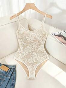 Franclia Women's Sexy & Elegant Solid Color Lace Bodysuit - Apricot - View 3