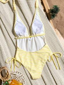Swim Mod Women's Summer Beach Vacation One-Piece Swimsuit, Knitted Jacquard Fabric, Halter Backless Slimming High-Cut Yellow Tropical Coastal Sexy - Multicolor - View 2
