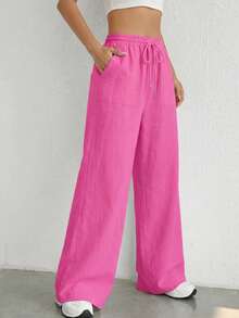 SHEIN EZwear 玫瑰红编织抽绳腰斜插口袋休闲裤 - 玫紅色 - 查看 5