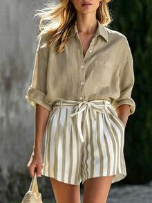 EMERY ROSE Conjunto de camisa de unicolor y pantalones cortos a rayas para mujer - Amarillo - Ver 1