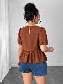 Elenzga Plus Size Women's Summer Solid Color Round Neck Puff Short Sleeve, Front Bow Tie, Cropped Ruffle Hem Blouse - Brown - View 2