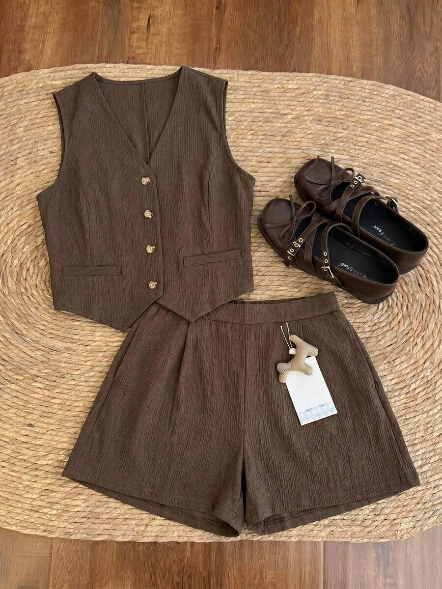 Elaquor 大码女装夏季休闲度假日常通勤简约纯色短袖衬衫和短裤两件套 - 咖啡棕 - 查看 1