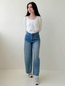 Yasmeen Edit Yasmeen Edit Women's Regular Waist Rhinestone Decor Loose Casual Jeans, Street Style - Medium Wash - View 4
