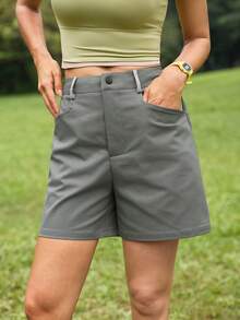 In My Nature Women's Casual Fashion Dark Wash Solid Color Versatile Pocket Button Outdoor Hiking Shorts For Summer Workout Vacation - Grey - View 3