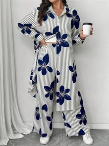 Elenzga Plus Size Digital Print Fabric Lapel Regular Long Sleeve Long Shirt And Loose Straight Leg Pants Casual Outing Commute Two Pieces Set - Multicolor - View 5