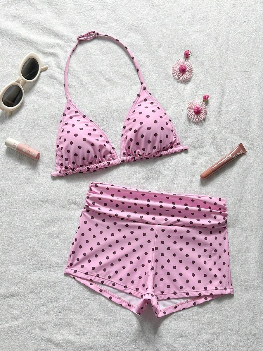 SHEIN 青少年女孩黑白條紋紋理掛脖式分體泳衣上衣,適合游泳、度假、海灘穿著,兒童泳裝套裝,夏季假期 - 粉色 - 查看 1