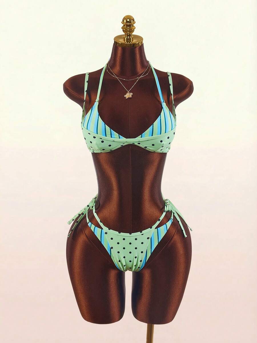Amplova Women's Polka Dot Patchwork Striped Sexy 2 In 1 Swimsuit Set, Suitable For Summer Beach Vacation