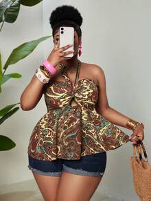 Maweii Women's Plus Size Halter Neck Twist Front Waist-Defining Slimming Tank Top, Vacation Style Printed Ruffle Trim Sleeveless Blouse - Brown - View 3