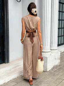 Serisse Women's Vacation Casual Tropical Brown Striped Tank Top And Long Pants 2 Pieces Set Summer Beach - Brown - View 4