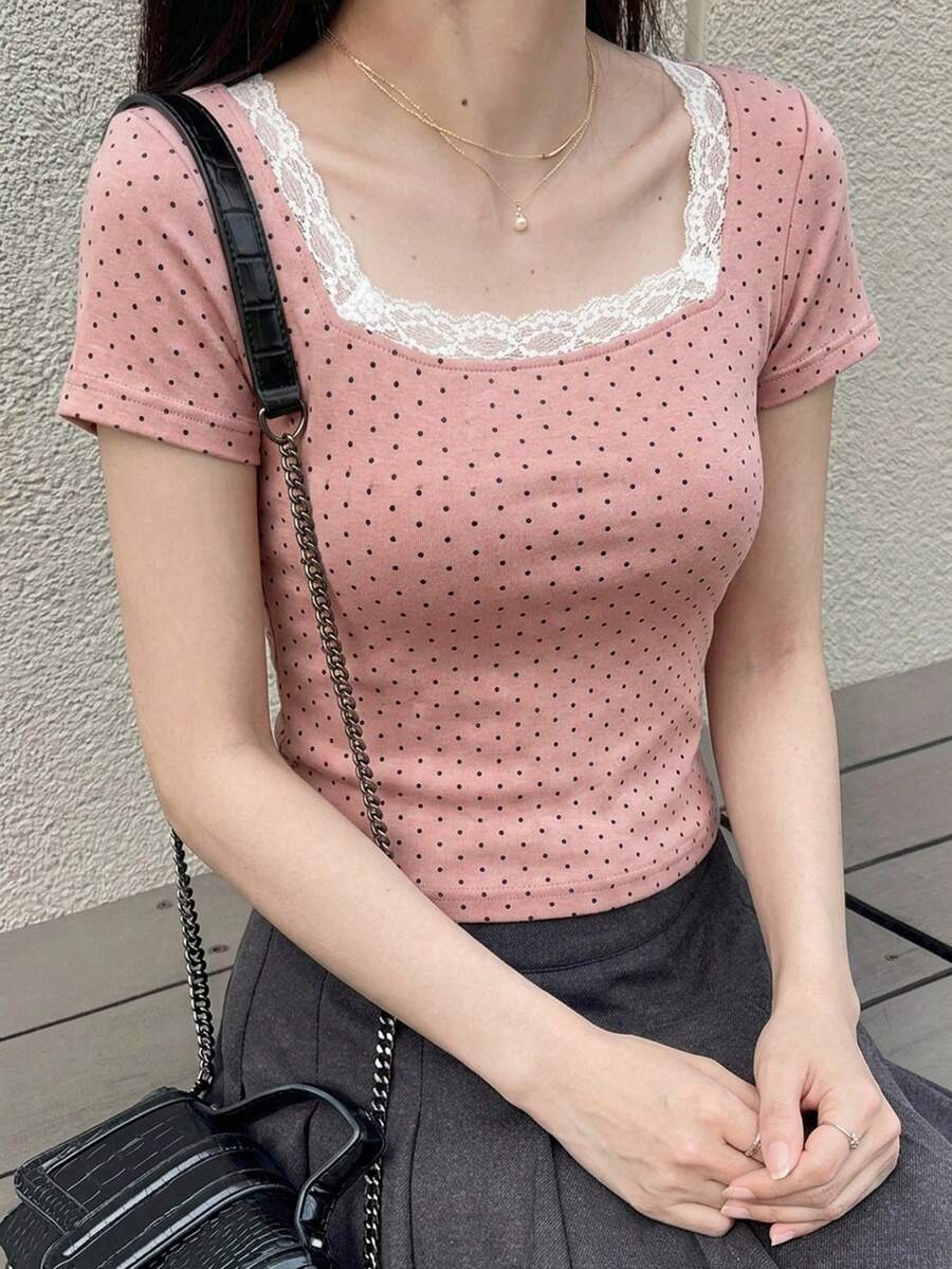 Dazy Tall 女款高個子長袖圓點蕾絲拼接休閒T恤,適合高個子女孩 - 彩色 - 查看 1