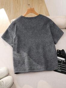 Kids Tween Boy Casual Simple Snowflake Knit Grey Short Sleeve 3D Embossed Letter Y2K Pattern Pullover Crew Neck T-Shirt, Suitable For Back To School, Outings, Gatherings, Vacations, Spring And Summer - Grey - View 6