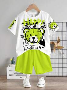 Set Kaos dan Celana Pendek Lengan Pendek Leher Bulat Minimalis Kasual Nyaman dan Modis untuk Bayi Laki-laki, Cocok untuk Musim Semi dan Musim Panas, Motif Kartun Klasik Beruang Tampan - MultiWarna - View 2