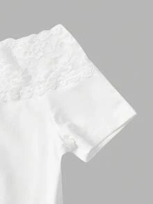 SHEIN MOD Women's Elegant Solid Color Off Shoulder Lace Patchwork T-Shirt, Summer, Short Sleeveslacey Off Shoulder Tops - White - View 3