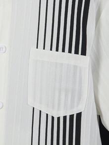 2件組大男孩時尚極簡白色紋理面料對比黑色條紋與棕櫚樹立領短袖襯衫及黑色休閒長褲套裝，適合學院風男孩日常穿著、旅行、出席重要場合，春/夏 - 黑色 - 查看 6