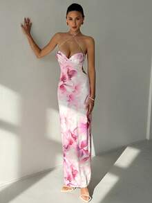 Vestido sexy de mujer con estampado floral, espalda descubierta, cordones y cuello halter - Multicolor 3 - Ver 11