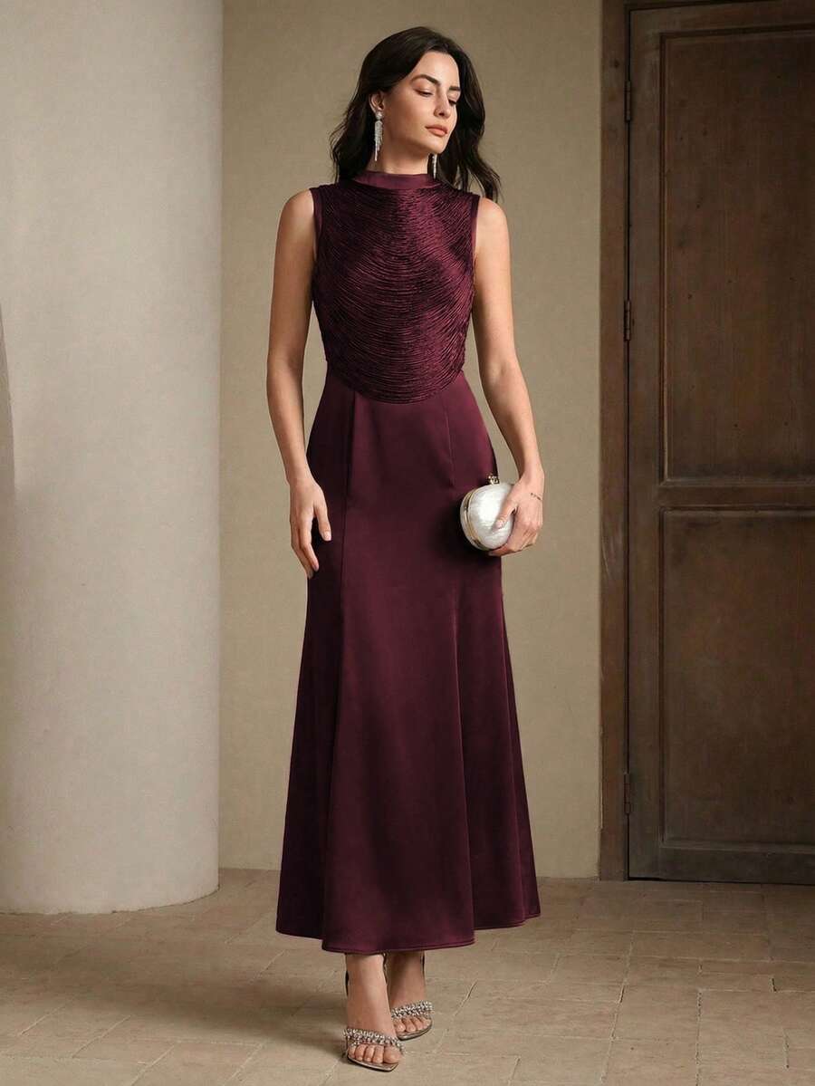 Anewsta 現代復古高端女款兩件式無袖高領流蘇拼接上衣與緞面魚尾裙套裝 - 酒紅色 - 查看 1