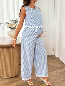 SHEIN Ensemble 2 pièces décontracté pour femme enceinte avec top rayé blocs de couleurs et pantalon long à taille ajustable pour le quotidien - Bleu et Blanc - Voir 5