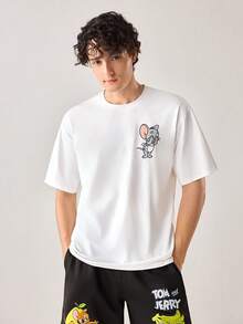 Strevion TOM & JERRY 男士休闲百搭简约条纹 JERRY 元素印花短袖T恤 - 白色 - 查看 2