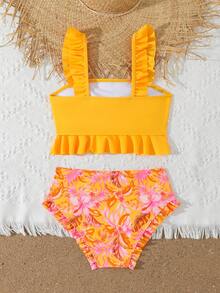 SHEIN Conjunto de traje de baño para niña preadolescente con top de tirantes con volantes simple y lindo y Bottom de bikini con estampado floral - Naranja - Ver 2