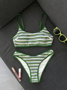 Swim Mod 條紋紋理面料雙肩帶紅白條紋女式比基尼泳衣套裝 2件組 島嶼海灘度假運動休閒百搭女款泳裝 春夏風格 女孩適用 - 綠色 - 查看 2