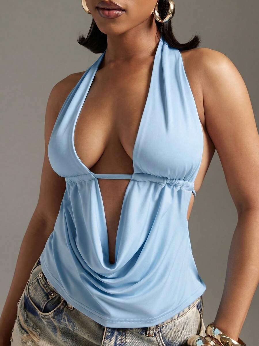 Denimoi Summer Deep V-Neck Outdoor Beach Vacation Backless Halter Sexy Top - Blue - View 1