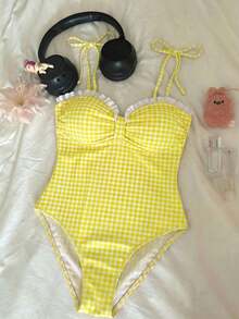SHEIN MOD 女款度假海灘格紋細肩帶連身泳衣 - 黃色 - 查看 1