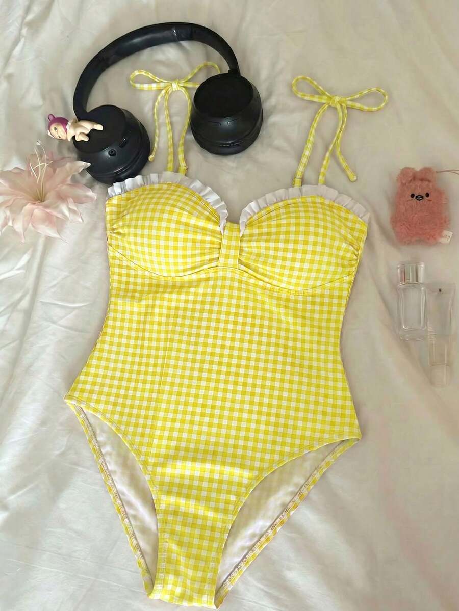 SHEIN MOD 女款度假海灘格紋細肩帶連身泳衣 - 黃色 - 查看 1