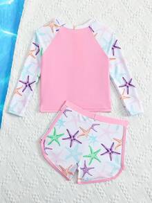 SHEIN 少女坦基尼比基尼吊帶泳衣套裝，淺粉色對比色海星印花，高彈性親膚防曬面料，柔軟光滑，兩件組含前開拉鍊長袖防曬上衣與同款印花平口泳褲，清新海洋風，適合少女游泳、海邊度假、夏季泳池玩水、時尚休閒、精緻，適用於游泳、暑假、海灘、海濱、泳池、夏季假期派對、休閒度假 - 淺粉色 - 查看 2