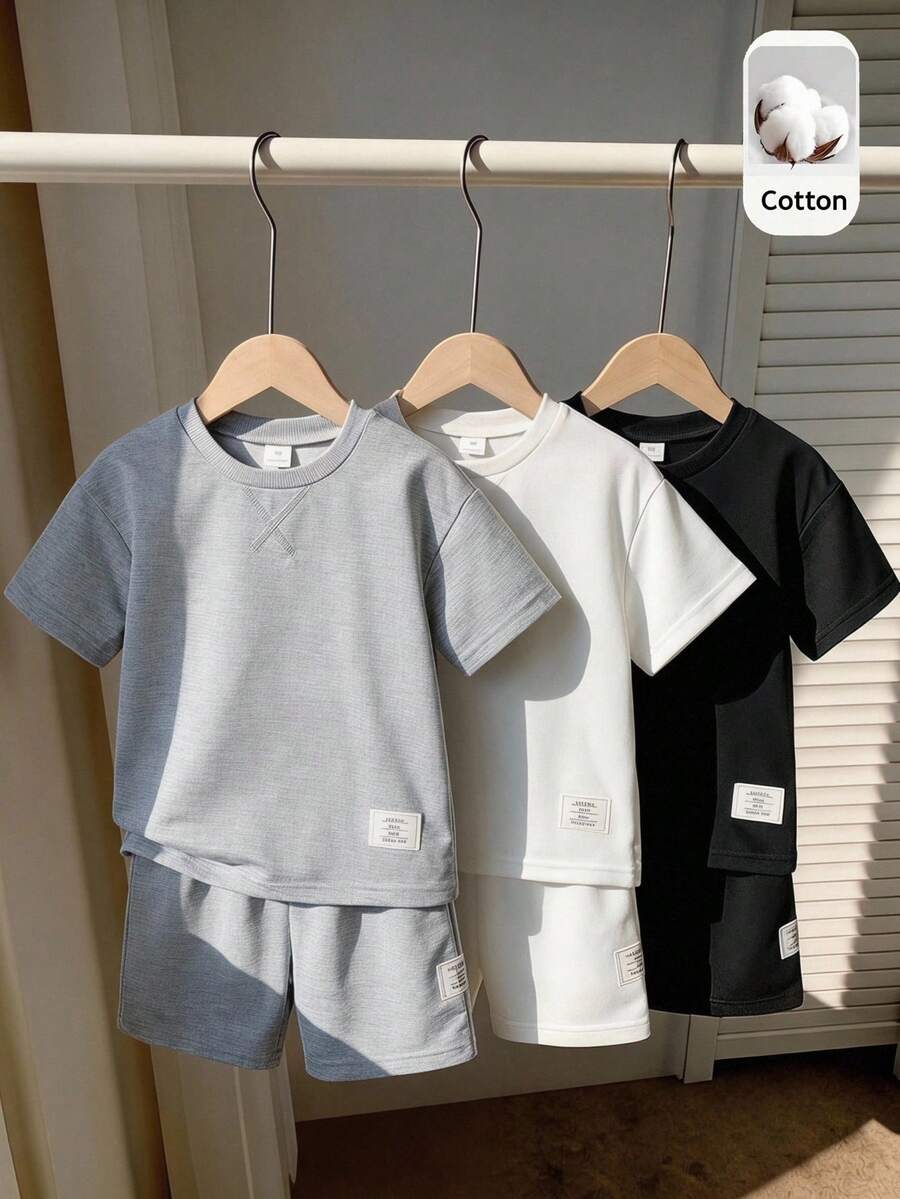SHEIN Genkimix Kids 6件套儿童休闲简约圆领T恤短裤套装,夏季运动服,3种颜色(灰色、黑色、白色) - 彩色 - 查看 1